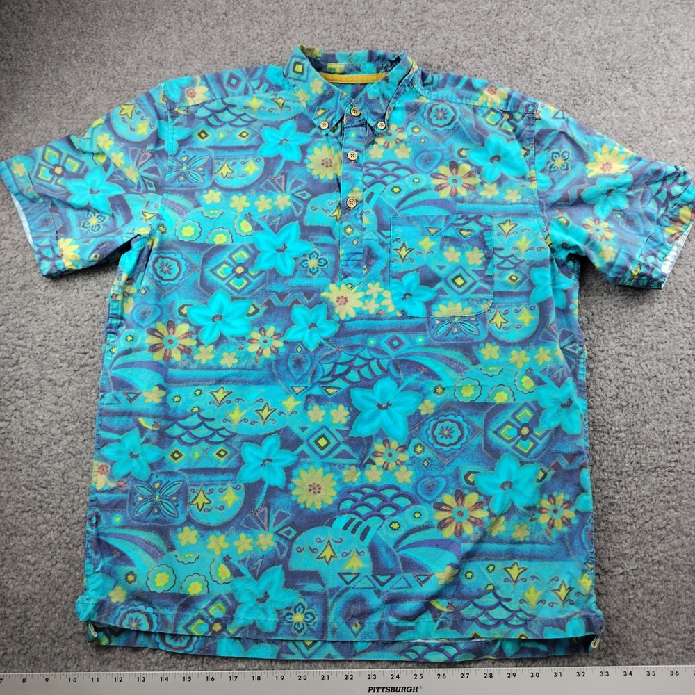 Territory Ahead Popover Shirt Floral Hawaiian Blue Cotton Vacation Resort Mens M